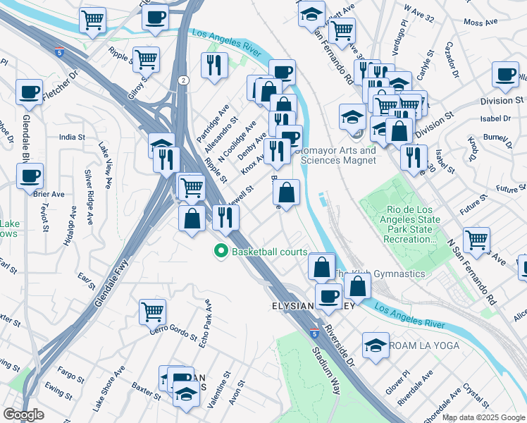 map of restaurants, bars, coffee shops, grocery stores, and more near 2700 Benedict Street in Los Angeles