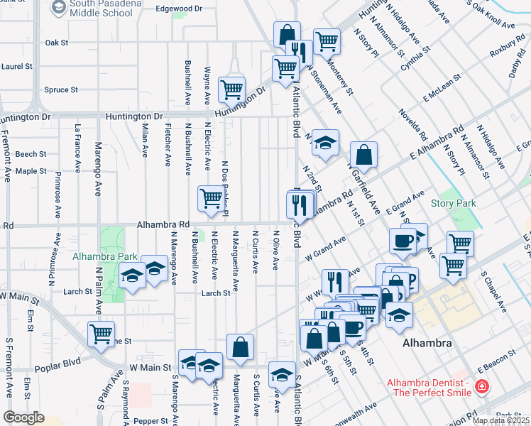 map of restaurants, bars, coffee shops, grocery stores, and more near 614 North Curtis Avenue in Alhambra