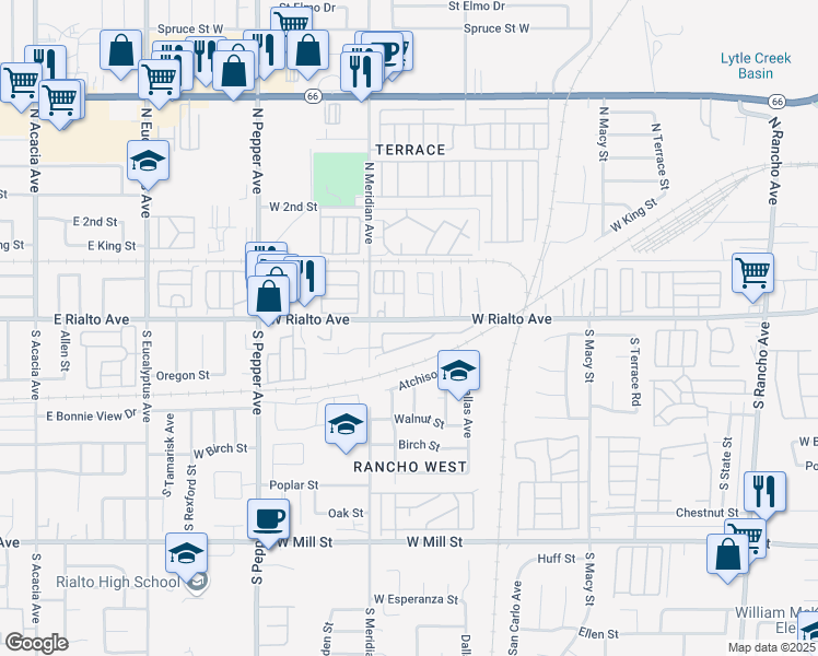 map of restaurants, bars, coffee shops, grocery stores, and more near 2632 West Via San Carlos in San Bernardino