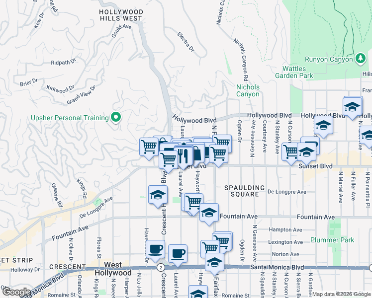 map of restaurants, bars, coffee shops, grocery stores, and more near 1550 Laurel Avenue in Los Angeles