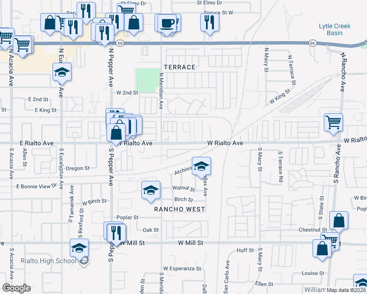 map of restaurants, bars, coffee shops, grocery stores, and more near 2610 West Via San Carlos in San Bernardino
