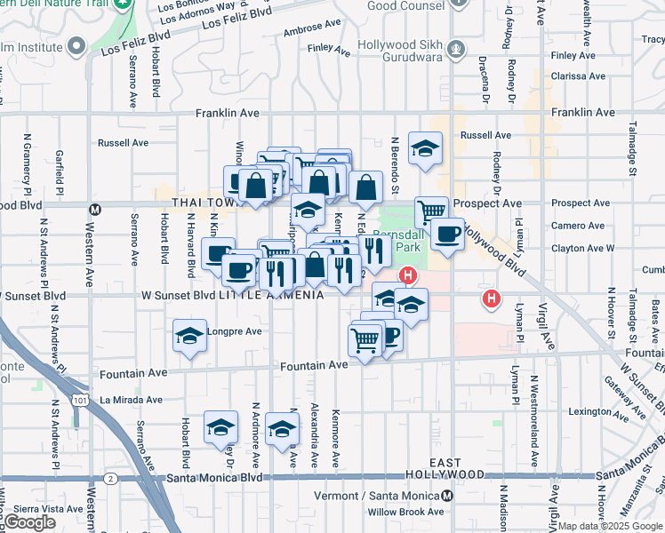 map of restaurants, bars, coffee shops, grocery stores, and more near 1535 North Kenmore Avenue in Los Angeles