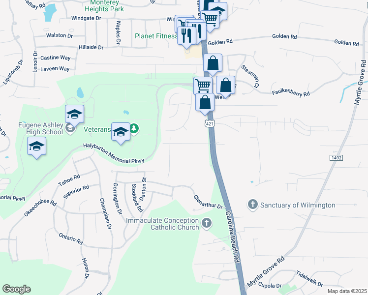 map of restaurants, bars, coffee shops, grocery stores, and more near 814 Sago Bay Drive in Wilmington