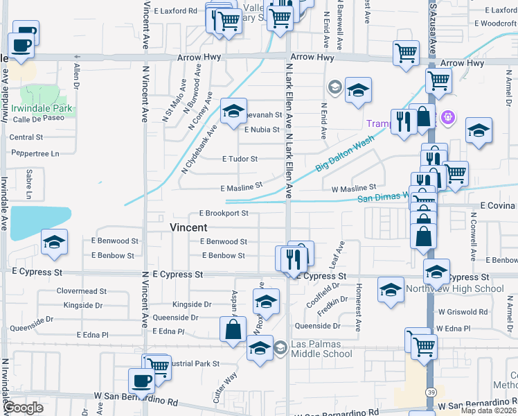 map of restaurants, bars, coffee shops, grocery stores, and more near 4817 North Lark Ellen Avenue in Covina