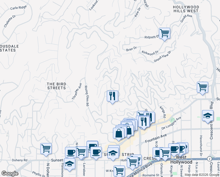 map of restaurants, bars, coffee shops, grocery stores, and more near 1573 Sunset Plaza Drive in Los Angeles