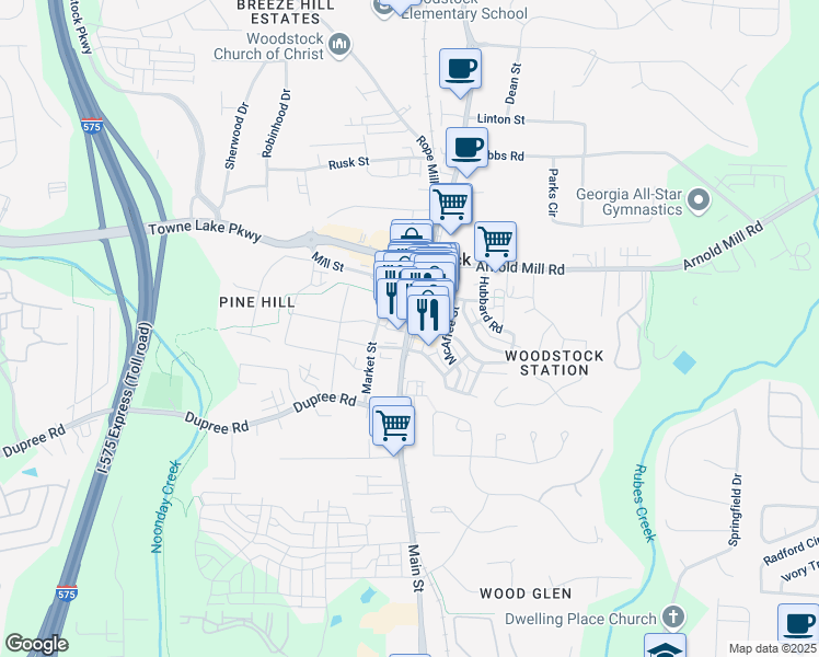 map of restaurants, bars, coffee shops, grocery stores, and more near 8857 Main Street in Woodstock