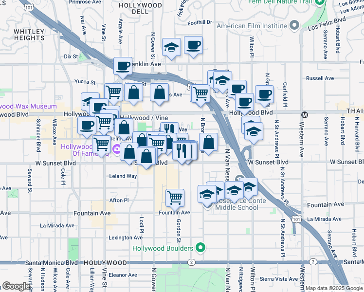 map of restaurants, bars, coffee shops, grocery stores, and more near 1545 Gordon Street in Los Angeles