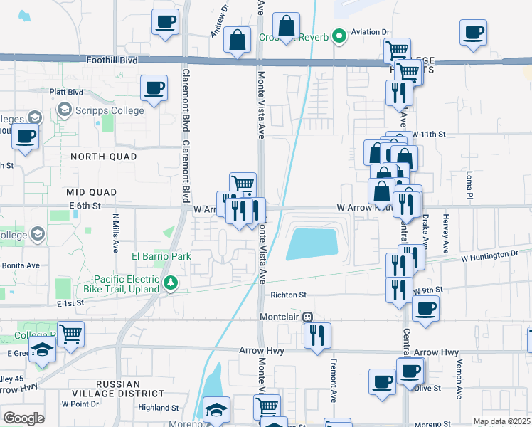 map of restaurants, bars, coffee shops, grocery stores, and more near 2398 West Arrow Route in Upland