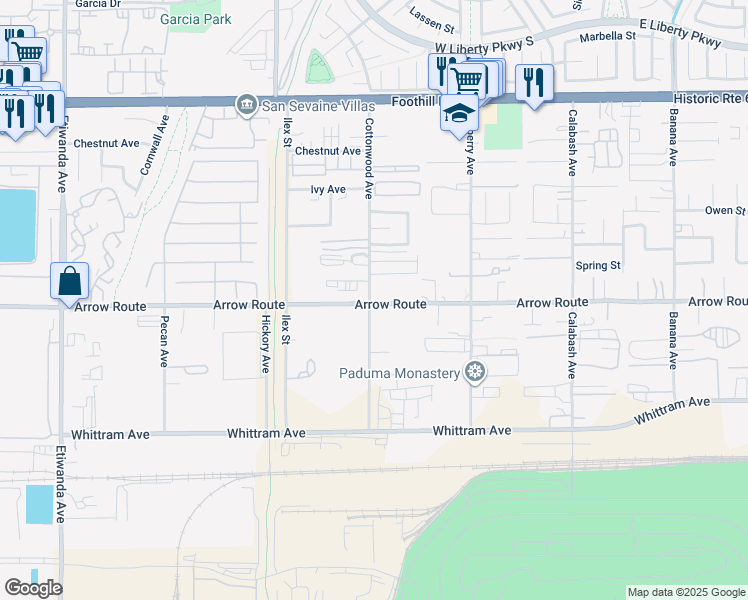 map of restaurants, bars, coffee shops, grocery stores, and more near in Fontana