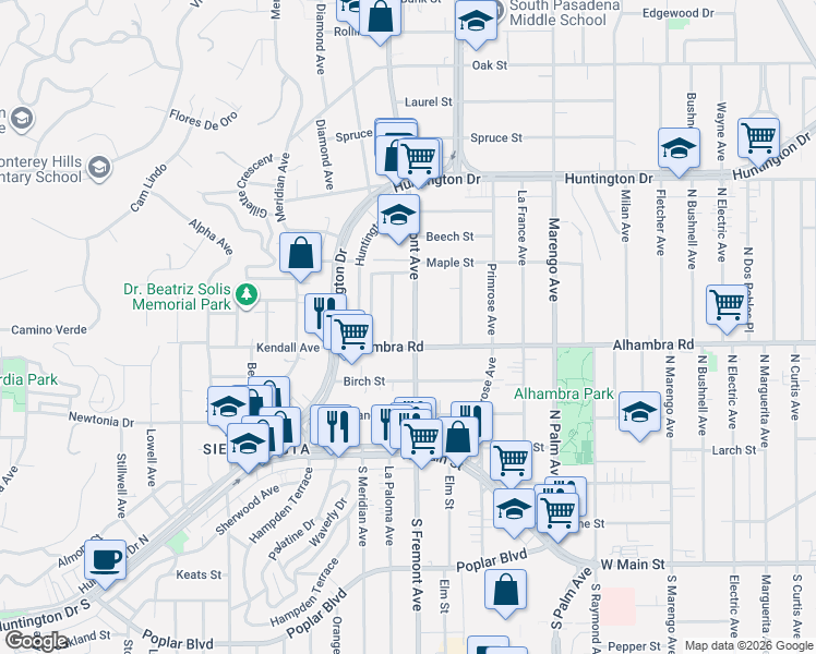 map of restaurants, bars, coffee shops, grocery stores, and more near 2055 Fremont Avenue in South Pasadena