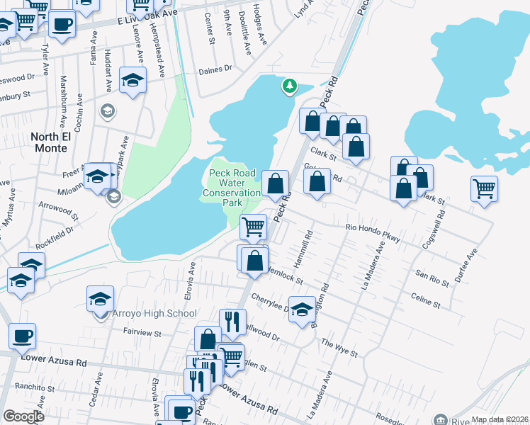 map of restaurants, bars, coffee shops, grocery stores, and more near 5343 Peck Road in El Monte