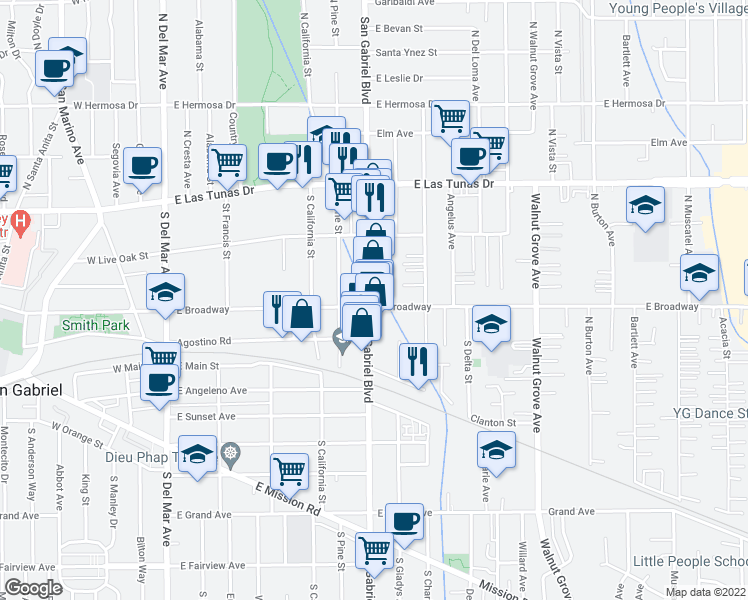 map of restaurants, bars, coffee shops, grocery stores, and more near 288 South San Gabriel Boulevard in San Gabriel
