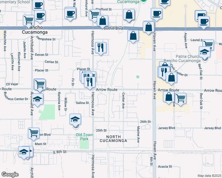 map of restaurants, bars, coffee shops, grocery stores, and more near 10244 Arrow Route in Rancho Cucamonga