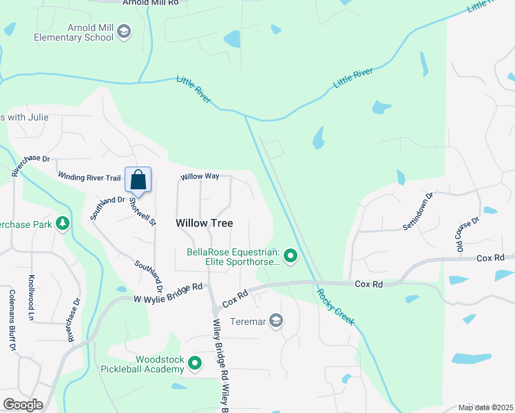 map of restaurants, bars, coffee shops, grocery stores, and more near 1672 Willow Way in Woodstock