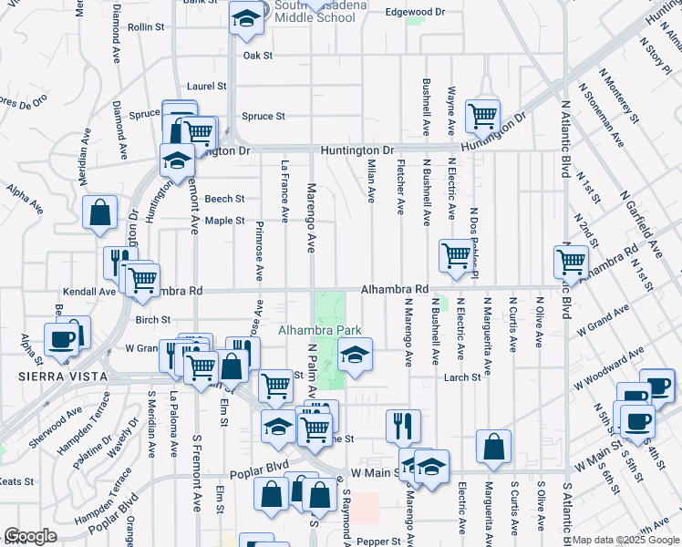 map of restaurants, bars, coffee shops, grocery stores, and more near 2058 Stratford Avenue in South Pasadena