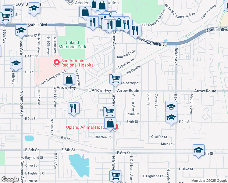 map of restaurants, bars, coffee shops, grocery stores, and more near 8114 Arrow Route in Rancho Cucamonga