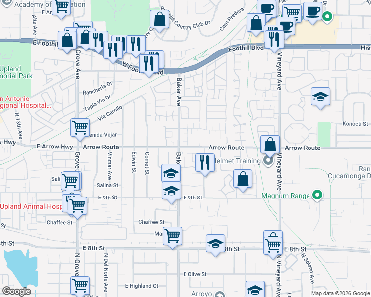 map of restaurants, bars, coffee shops, grocery stores, and more near 8490 Tavano Place in Rancho Cucamonga