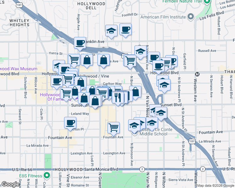 map of restaurants, bars, coffee shops, grocery stores, and more near 1545 Gordon Street in Los Angeles