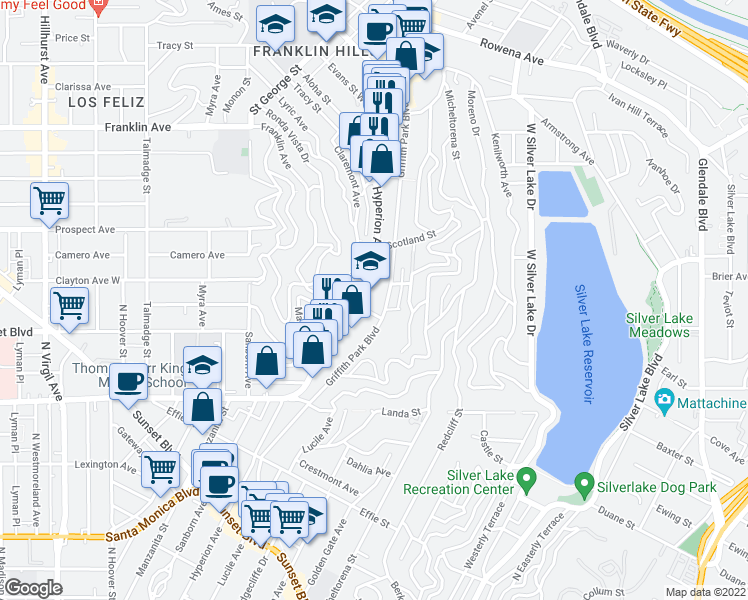 map of restaurants, bars, coffee shops, grocery stores, and more near 2124 Hyperion Avenue in Los Angeles