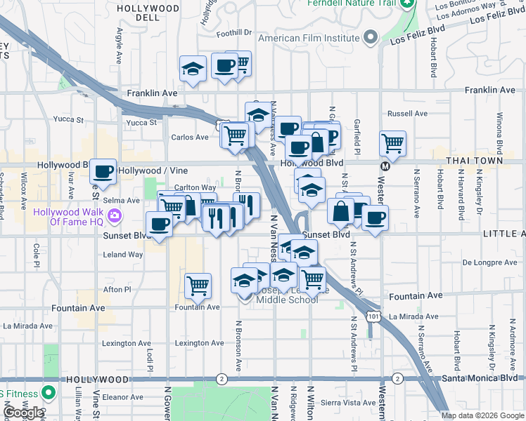 map of restaurants, bars, coffee shops, grocery stores, and more near 5831 Harold Way in Los Angeles