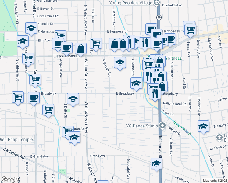 map of restaurants, bars, coffee shops, grocery stores, and more near 1281 East Broadway in San Gabriel