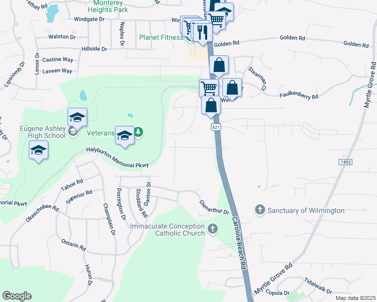map of restaurants, bars, coffee shops, grocery stores, and more near 814 Sago Bay Drive in Wilmington