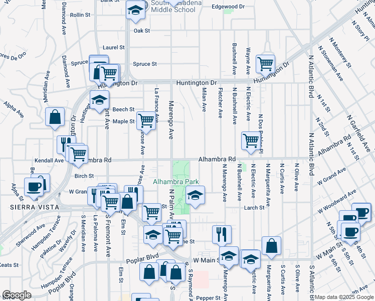 map of restaurants, bars, coffee shops, grocery stores, and more near 2058 Stratford Avenue in South Pasadena