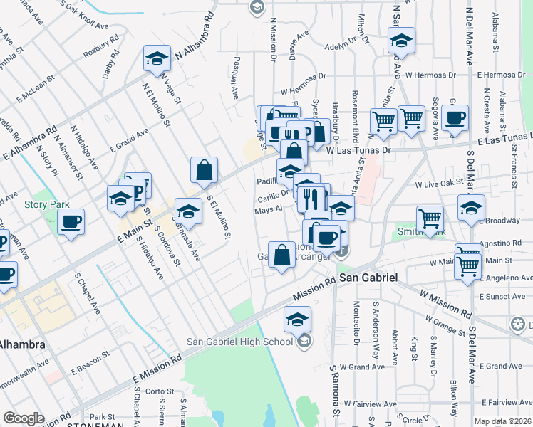 map of restaurants, bars, coffee shops, grocery stores, and more near 241 San Marcos Street in San Gabriel