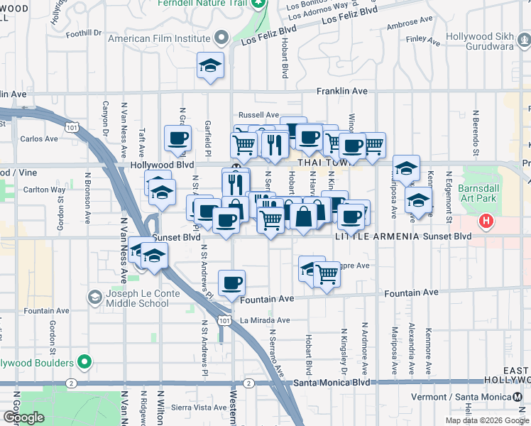 map of restaurants, bars, coffee shops, grocery stores, and more near 1545 North Hobart Boulevard in Los Angeles