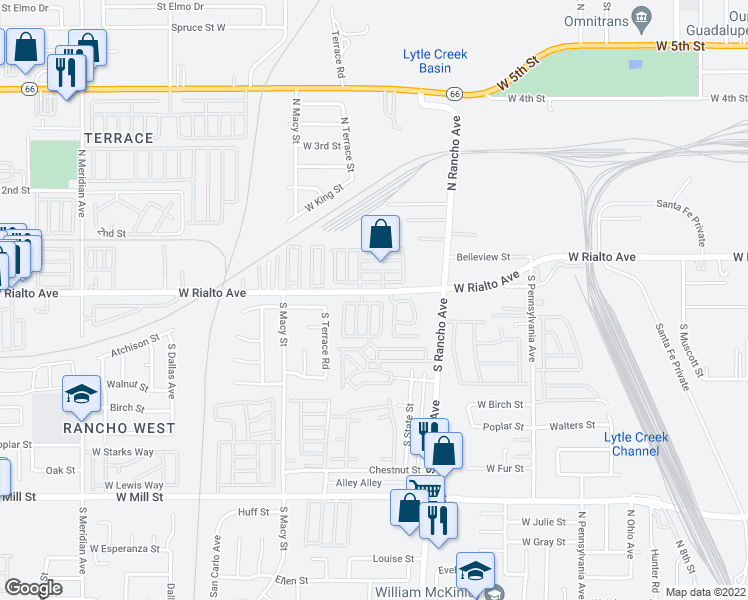 map of restaurants, bars, coffee shops, grocery stores, and more near 2151 West Rialto Avenue in San Bernardino