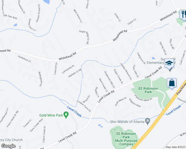 map of restaurants, bars, coffee shops, grocery stores, and more near 5119 Shelley Lane in Sugar Hill