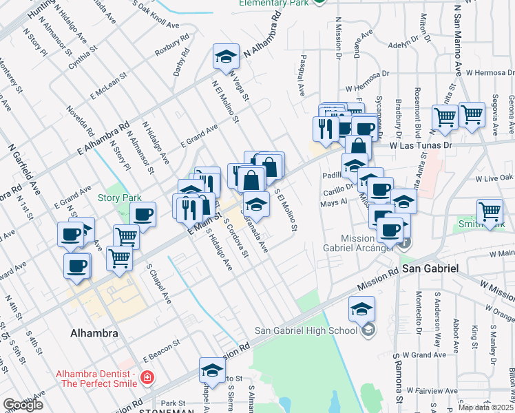 map of restaurants, bars, coffee shops, grocery stores, and more near 5 South Valencia Street in Alhambra