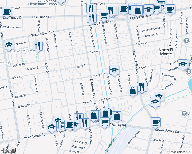 map of restaurants, bars, coffee shops, grocery stores, and more near 10720 Freer Avenue in Temple City
