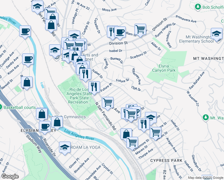 map of restaurants, bars, coffee shops, grocery stores, and more near 2913 Elm Street in Los Angeles