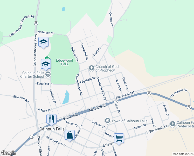 map of restaurants, bars, coffee shops, grocery stores, and more near 649 County Road S-01-207 in Calhoun Falls