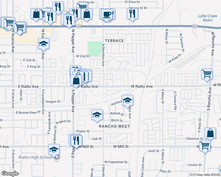 map of restaurants, bars, coffee shops, grocery stores, and more near in San Bernardino