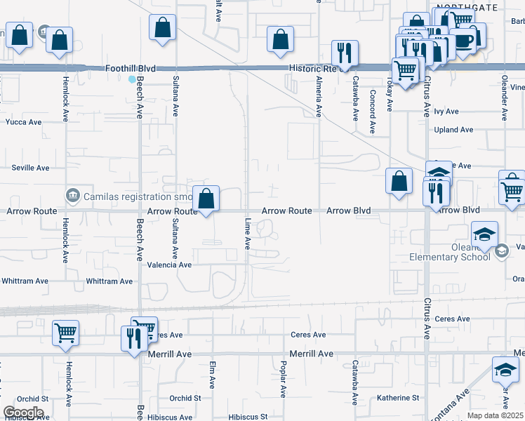 map of restaurants, bars, coffee shops, grocery stores, and more near 15628 Arrow Route in Fontana