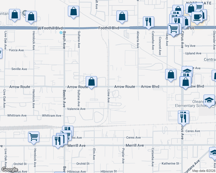 map of restaurants, bars, coffee shops, grocery stores, and more near 15614 Arrow Route in Fontana