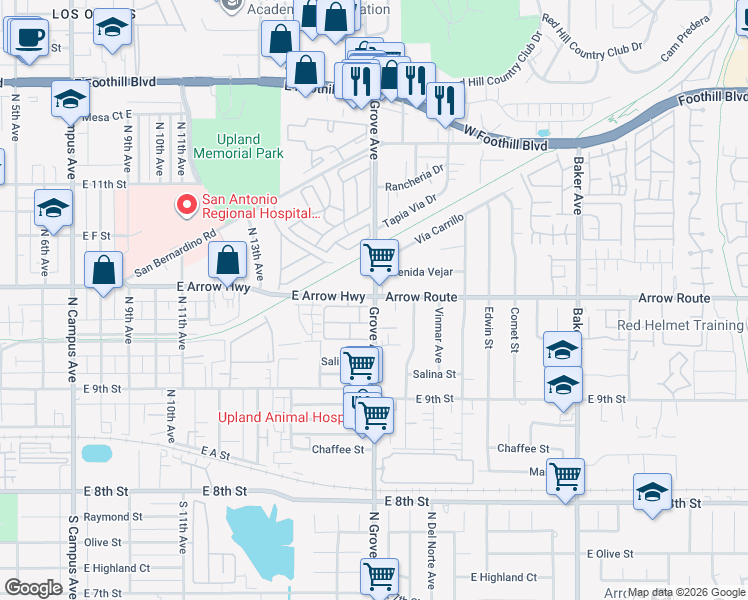 map of restaurants, bars, coffee shops, grocery stores, and more near 8114 Arrow Route in Rancho Cucamonga