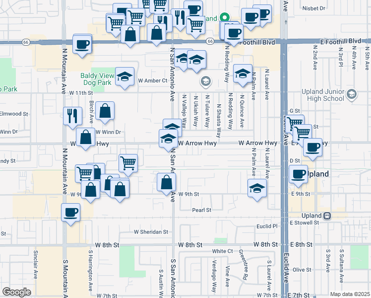 map of restaurants, bars, coffee shops, grocery stores, and more near 740 West Arrow Highway in Upland