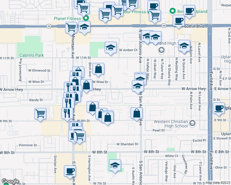 map of restaurants, bars, coffee shops, grocery stores, and more near 960 West Arrow Highway in Upland