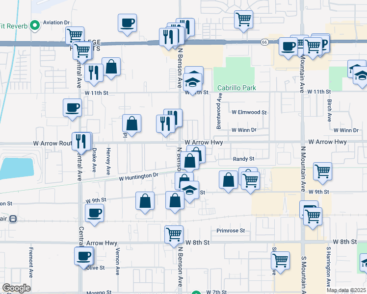 map of restaurants, bars, coffee shops, grocery stores, and more near in Upland