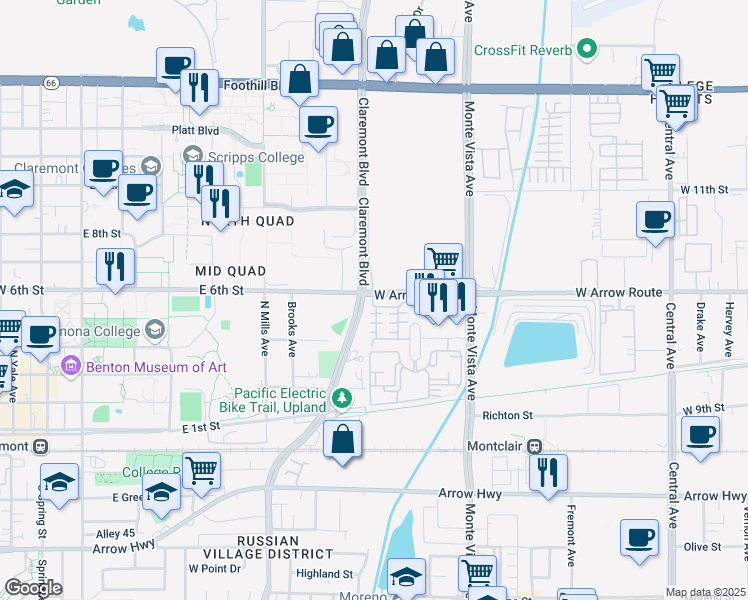 map of restaurants, bars, coffee shops, grocery stores, and more near 2459 Bruin Place in Upland