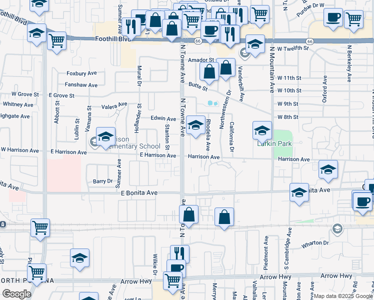 map of restaurants, bars, coffee shops, grocery stores, and more near in Pomona