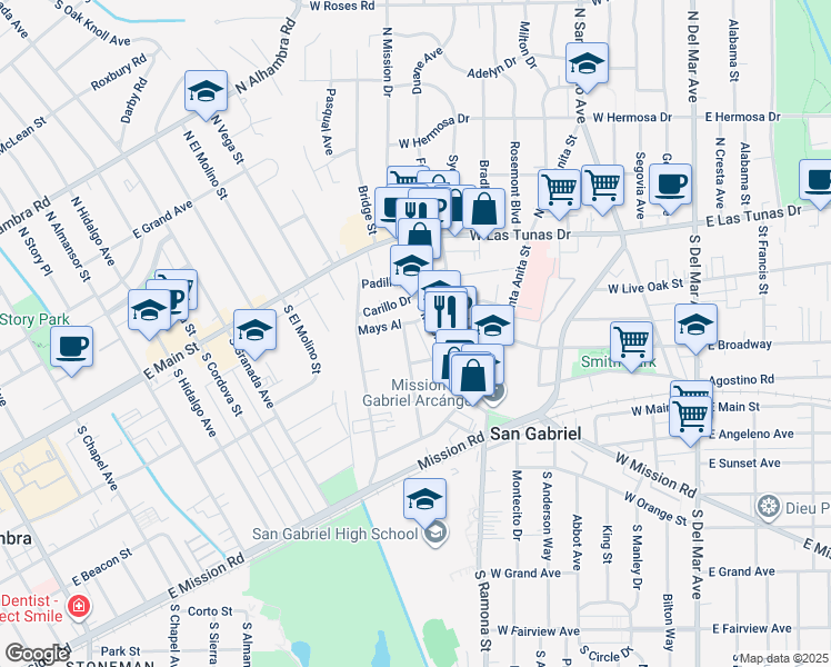 map of restaurants, bars, coffee shops, grocery stores, and more near 324 South Mission Drive in San Gabriel