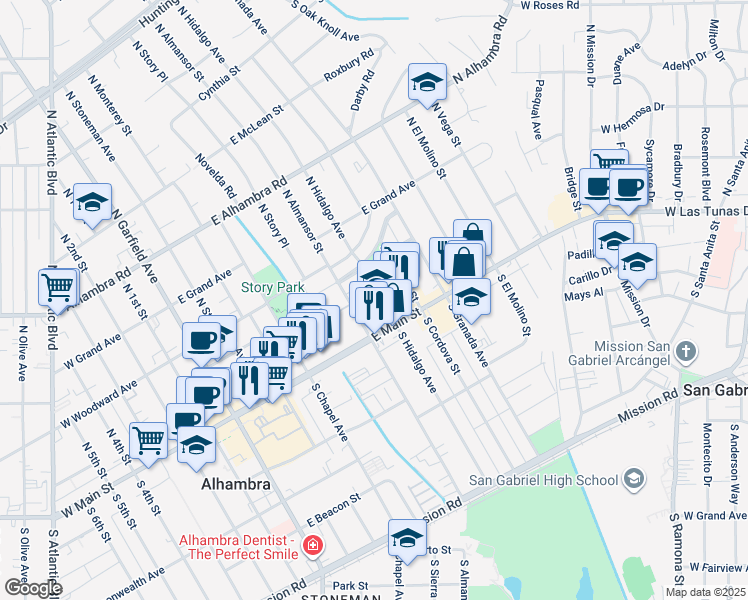 map of restaurants, bars, coffee shops, grocery stores, and more near 30 North Hidalgo Avenue in Alhambra