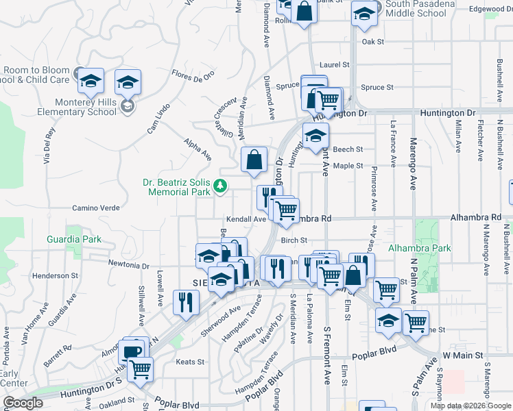 map of restaurants, bars, coffee shops, grocery stores, and more near 2050 Meridian Avenue in South Pasadena