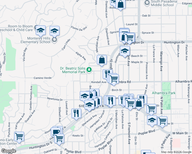 map of restaurants, bars, coffee shops, grocery stores, and more near 2015 Cambridge Place in South Pasadena