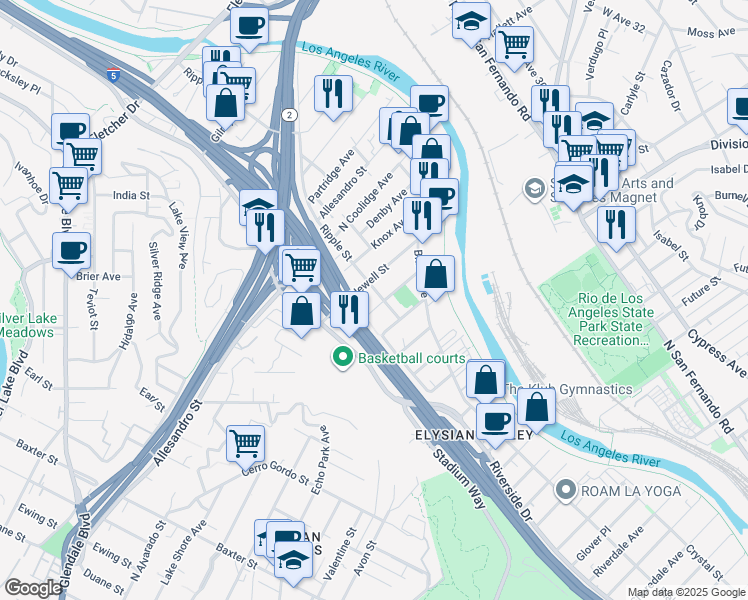 map of restaurants, bars, coffee shops, grocery stores, and more near 2664 Newell Street in Los Angeles
