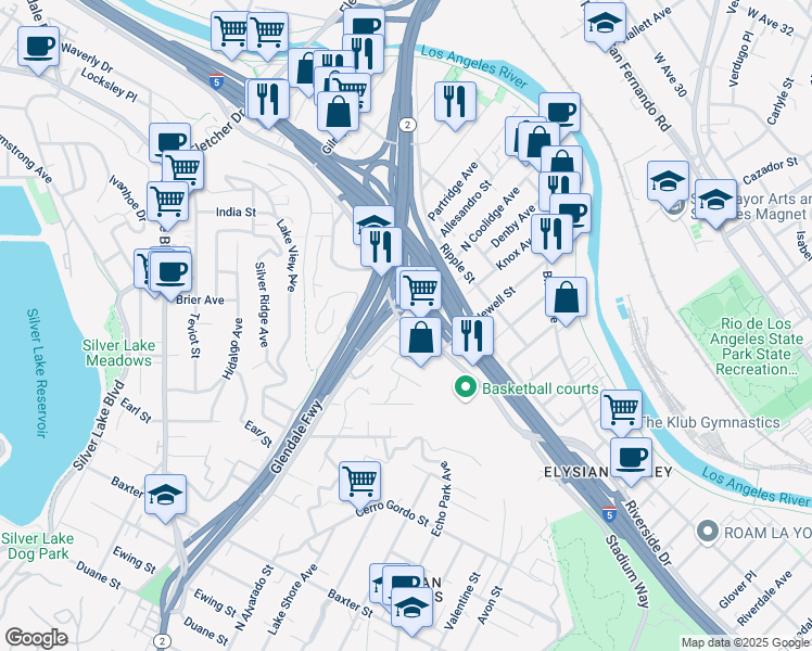 map of restaurants, bars, coffee shops, grocery stores, and more near 2017 Riverside Drive in Los Angeles